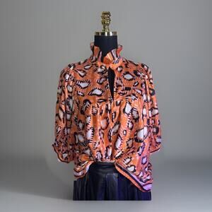 Vintage 70s Vibe | Boho | Bold Print Orange Top | Retro Print | High Neck | Cool